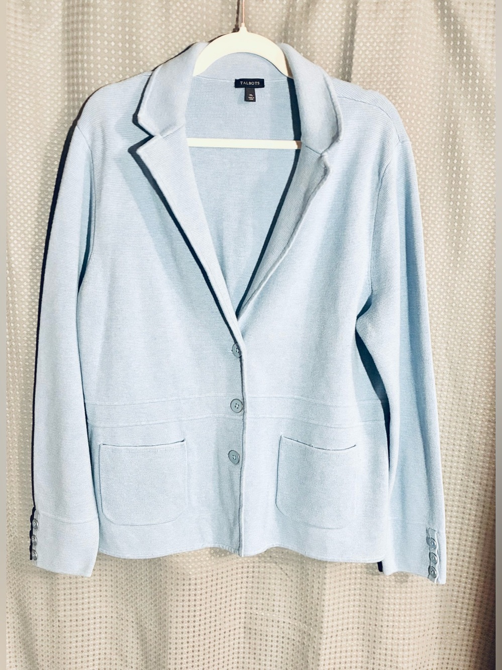 Talbots XL Pale Blue Knit Blazer Cardigan Sweater Patch Pockets Wardrobe Staple
